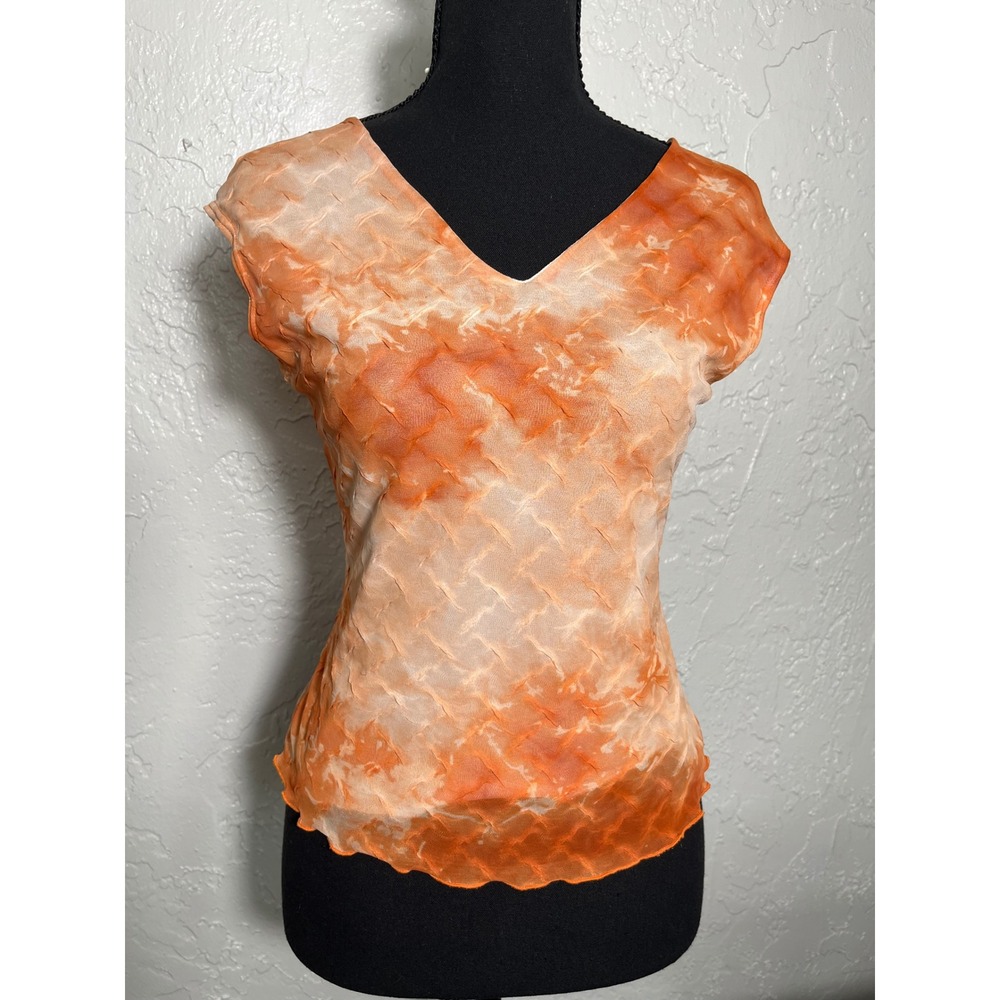 Beware Vintage Y2K Orange Tie Dye Textured Mesh V-Neck Lettuce Hem Top Medium